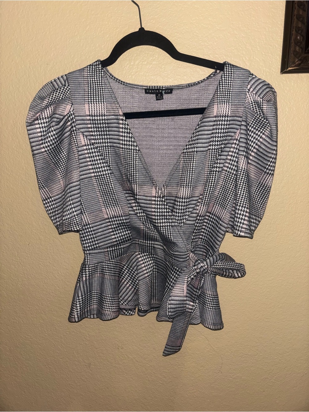 Haute Monde Black and Pink Plaid Wrap Peplum Blouse